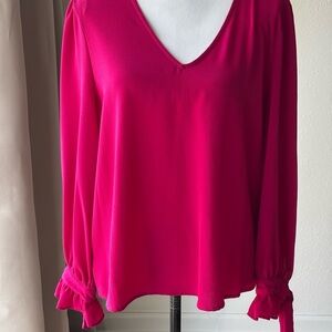 CeCe Tie Sleeve- Long Sleeve V-Neck Blouse Fuchsia Pink Size Large